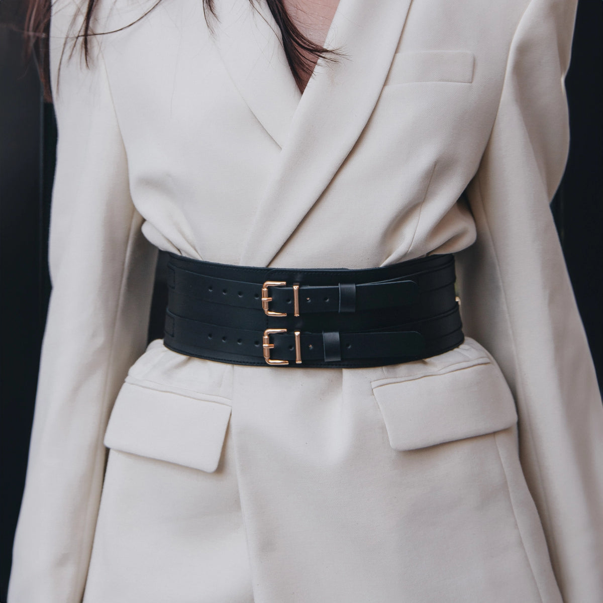 Two Blondes New York Genuine Leather Statement Belt |  Fits S|M Fit Leather Waist Wide Belt - Double Buckle Waist Belt  main image 3