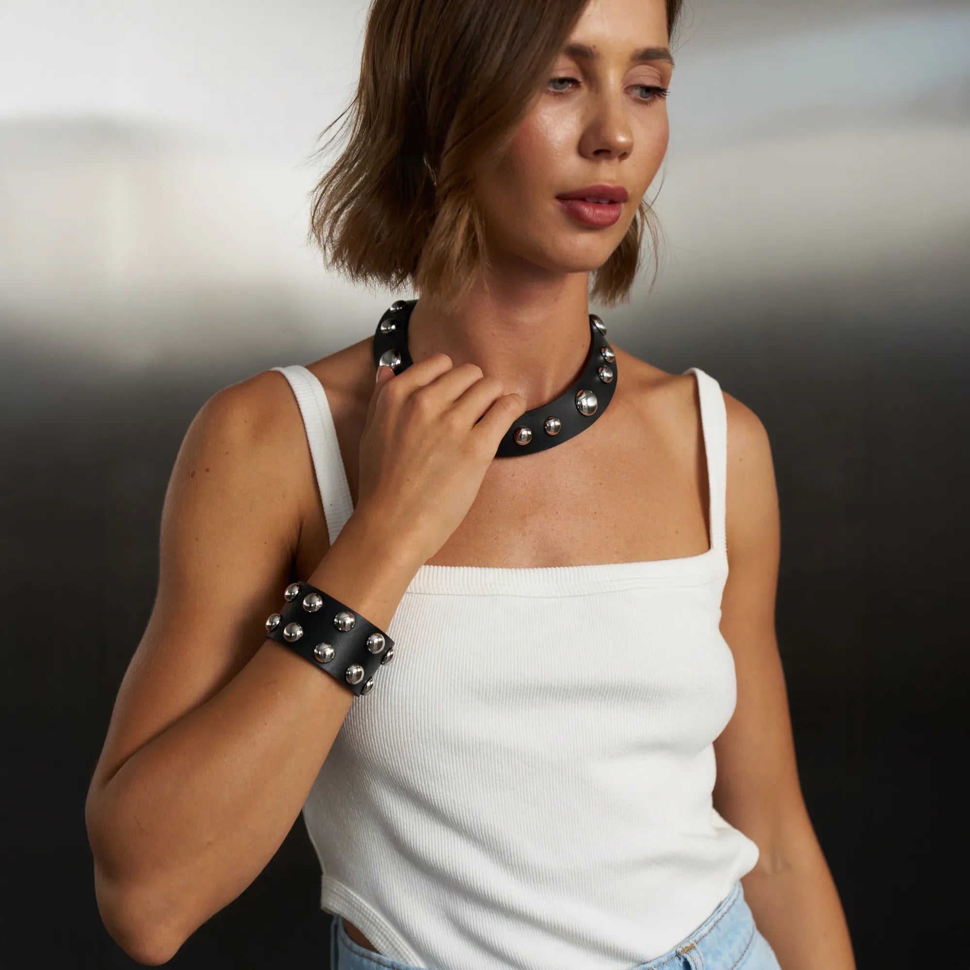 Leather Set Choker and Bracelet Neri