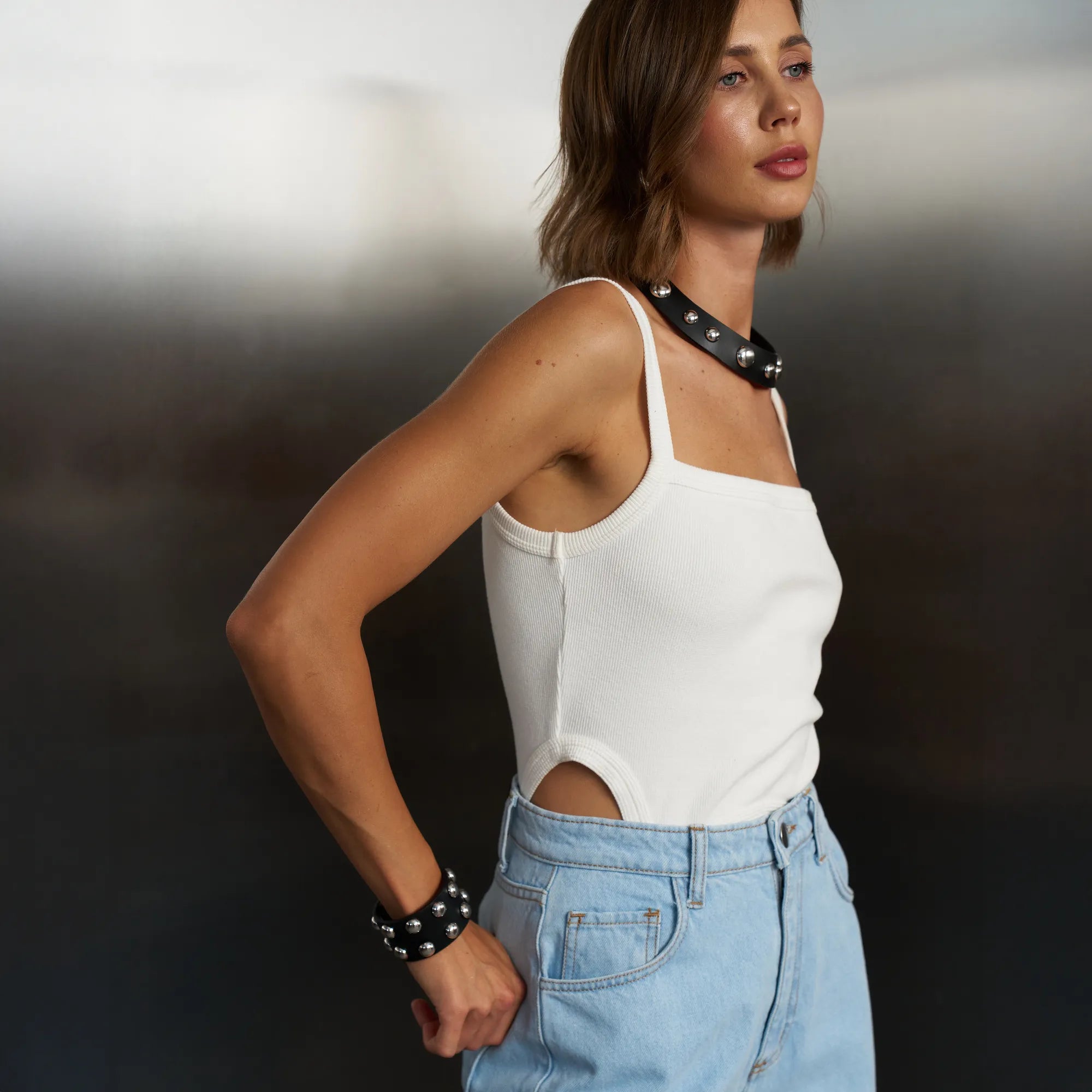 Leather Set Choker and Bracelet Neri