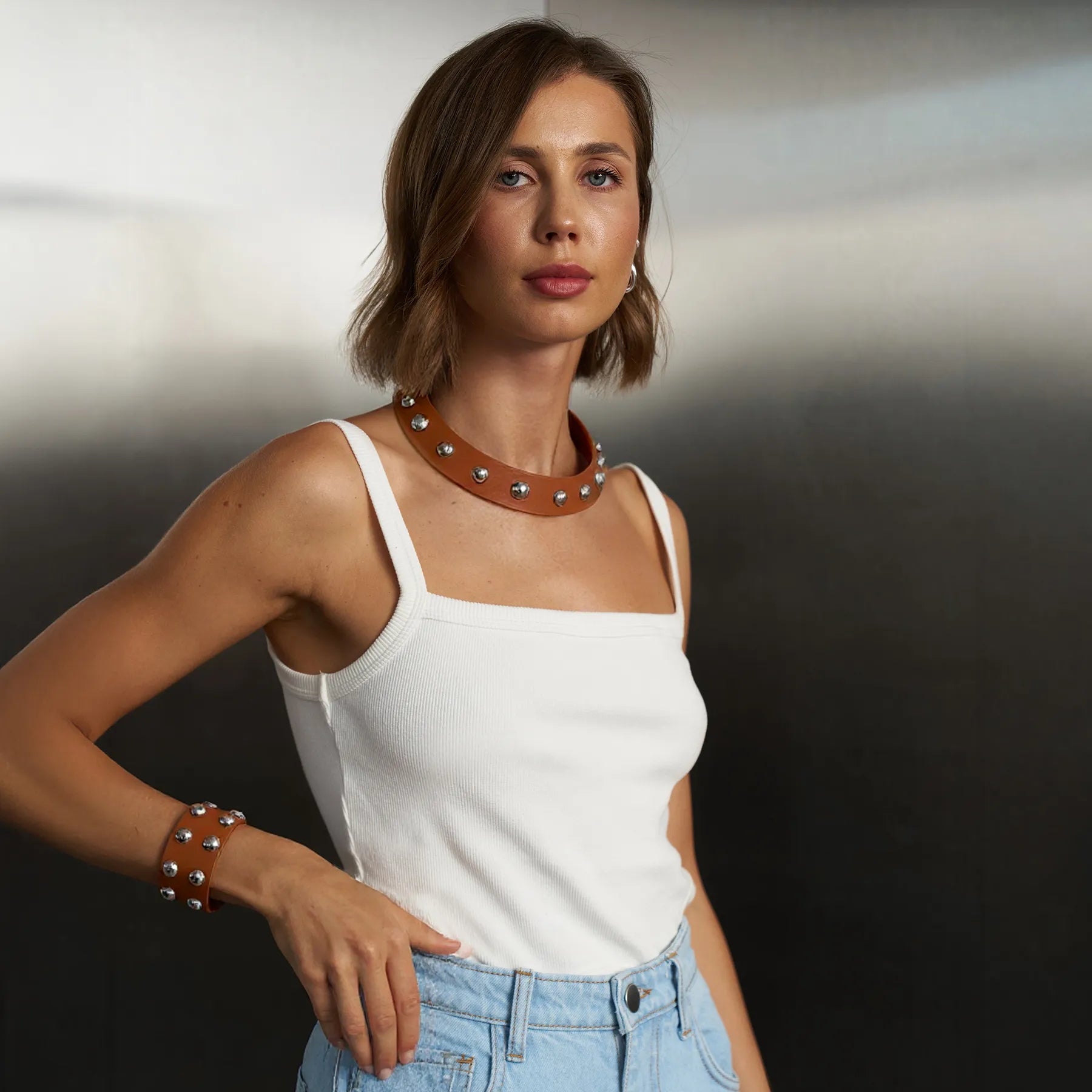 Leather Set Choker and Bracelet Neri