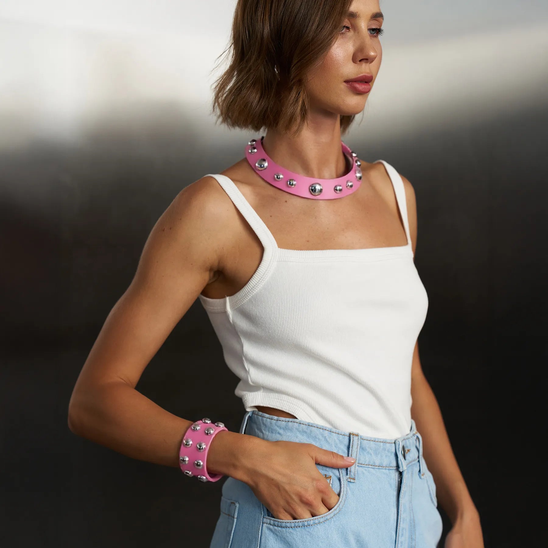 Leather Set Choker and Bracelet Neri