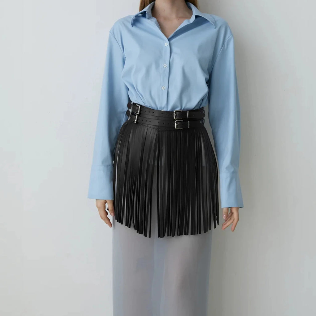 Leather Fringe Mini Skirt – Tassel High Waist Skirt | BrunetkaHarness